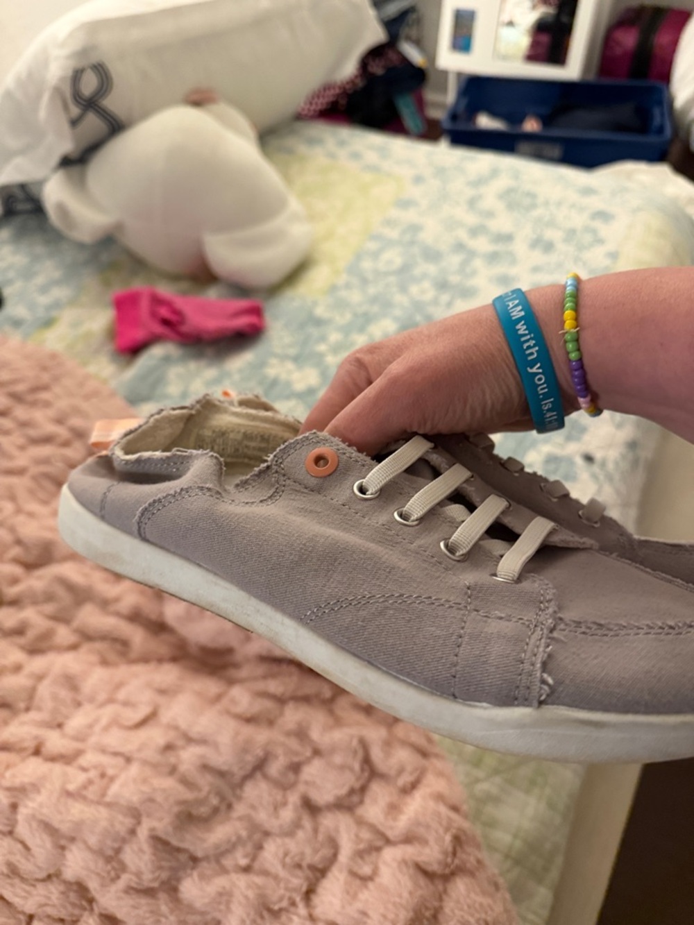 Vionic Beach Slip-On Canvas Sneakers in Gray with Pink Eyelets - Picture 9 of 11
